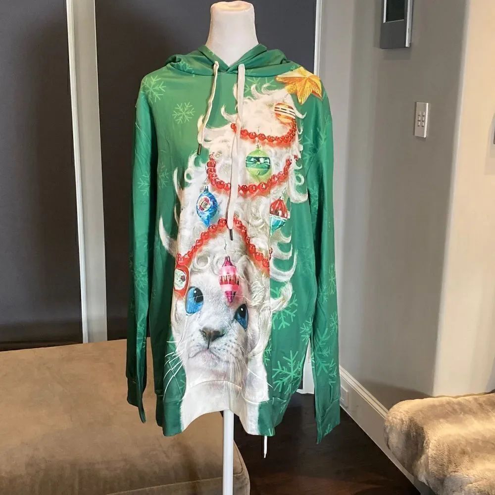 Adult Unisex Christmas Hoodie with Cat & Christmas Tree Size S/M NEW